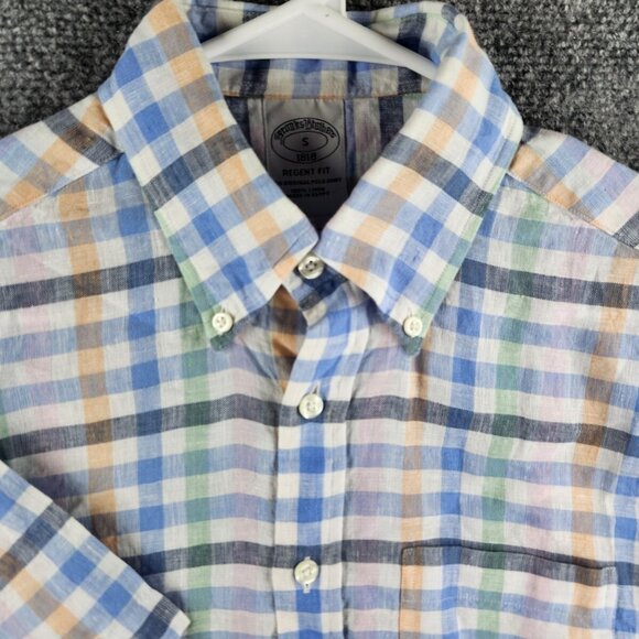 Brooks Brothers All Linen Button Up Short Sleeve Small Regent Colorful Check Men - Picture 1 of 12